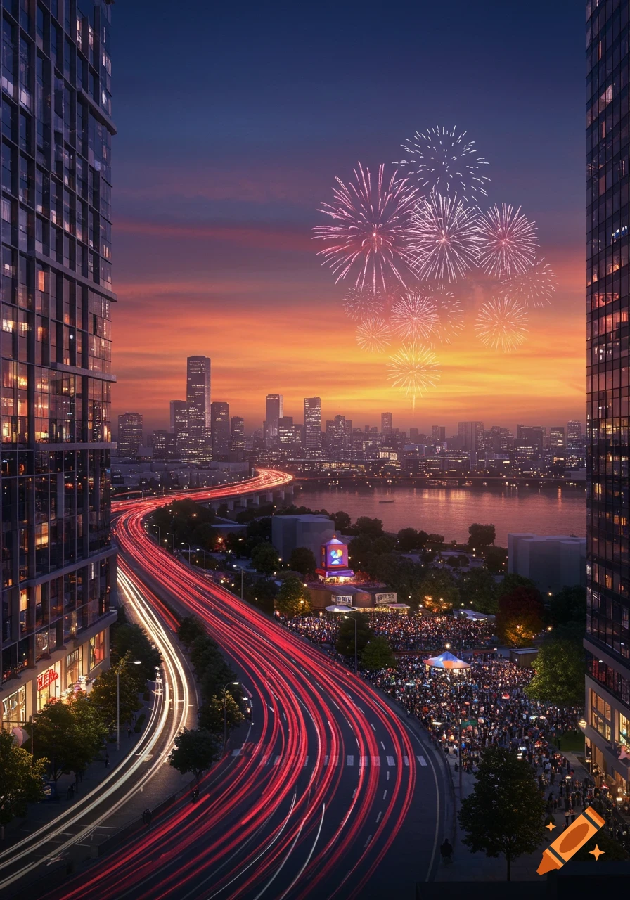 Vibrant city at dusk with fireworks over the skyline, highway light trails, and a large crowd celebrating.