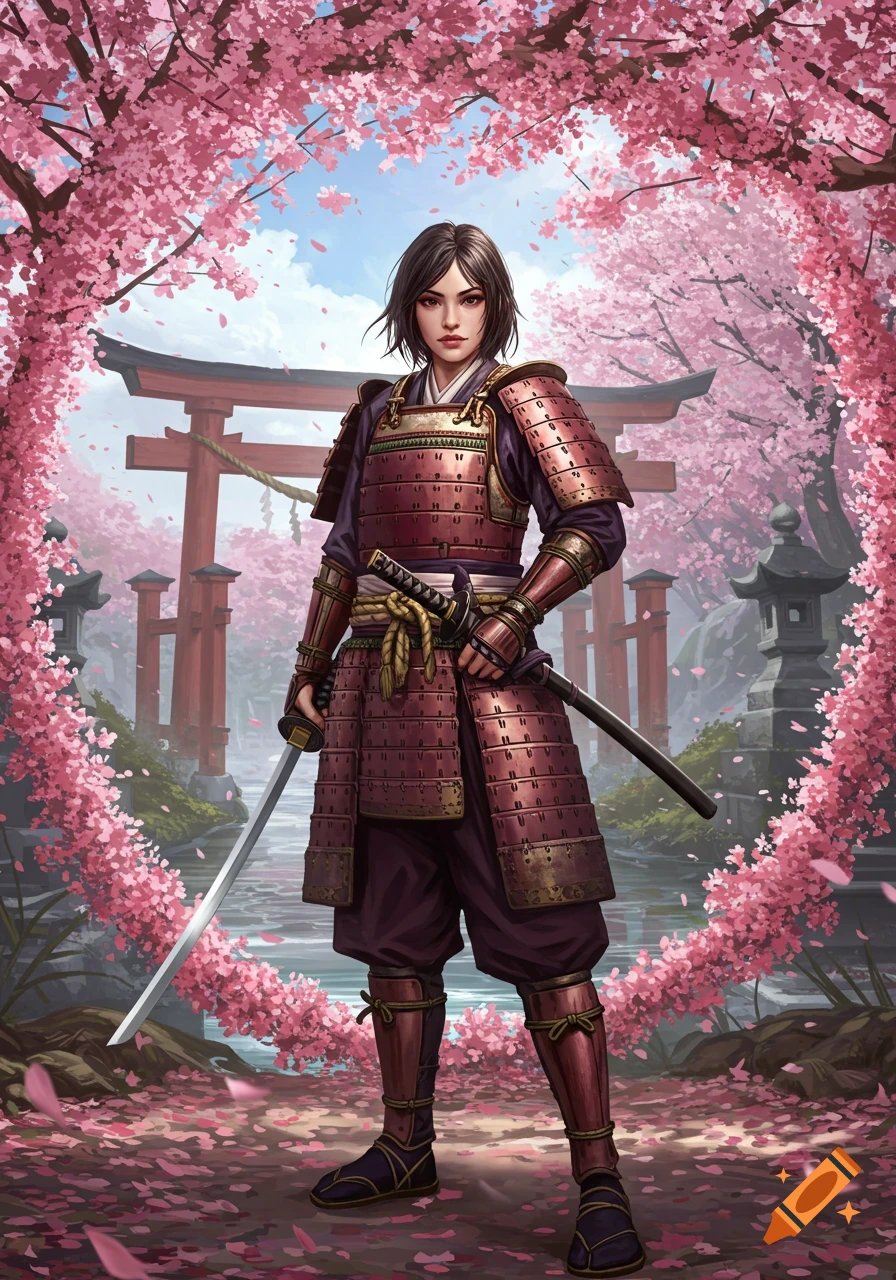 A female samurai in full armor stands with a katana under a canopy of pink cherry blossoms, with red torii gates in a Japanese garden.