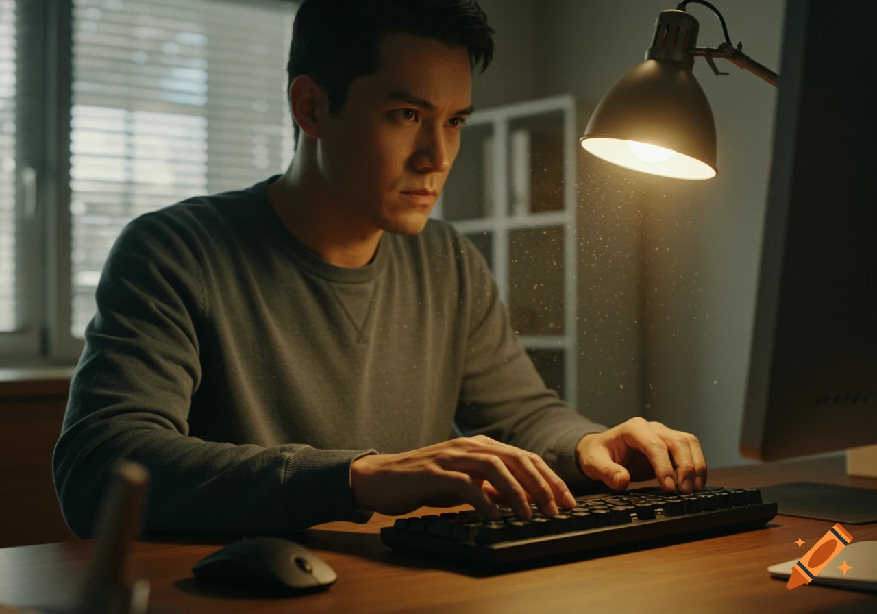 Photorealistic image of a man intently typing on a keyboard at a desk, illuminated by a desk lamp.