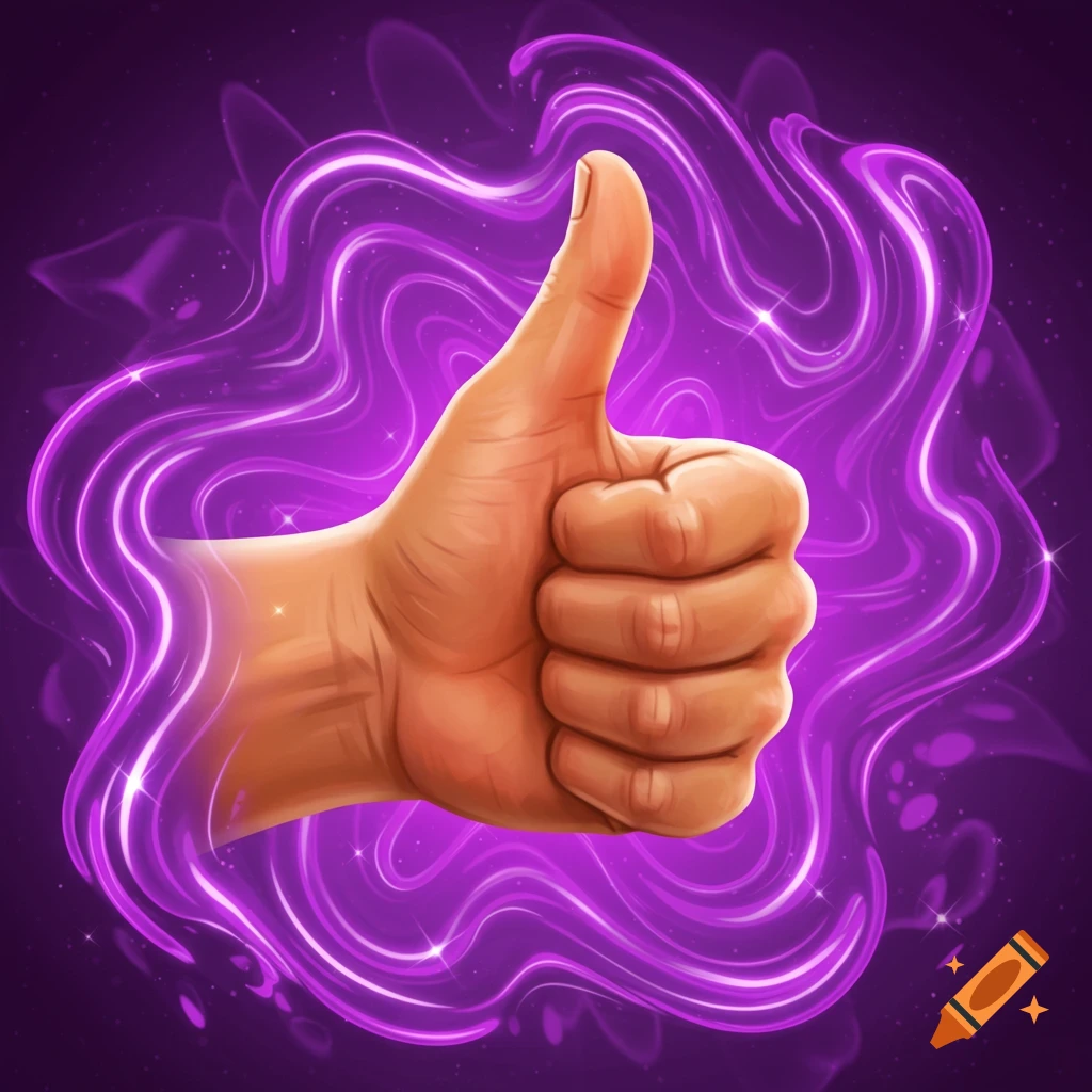 A hand giving a thumbs up gesture, surrounded by glowing purple energy waves on a dark purple background.