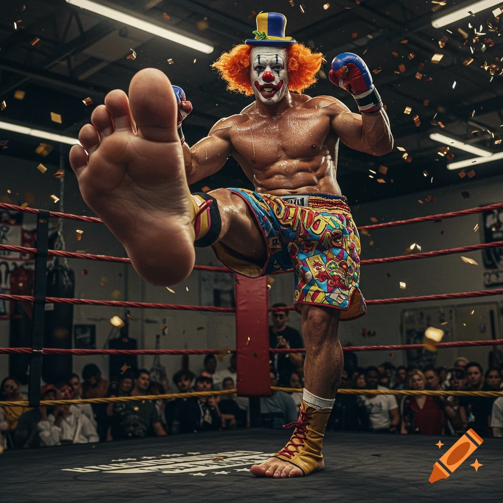 Photorealistic image of a muscular clown in a boxing ring, wearing a top hat and makeup, mid-kick with a large foot in the foreground, with confetti falling.