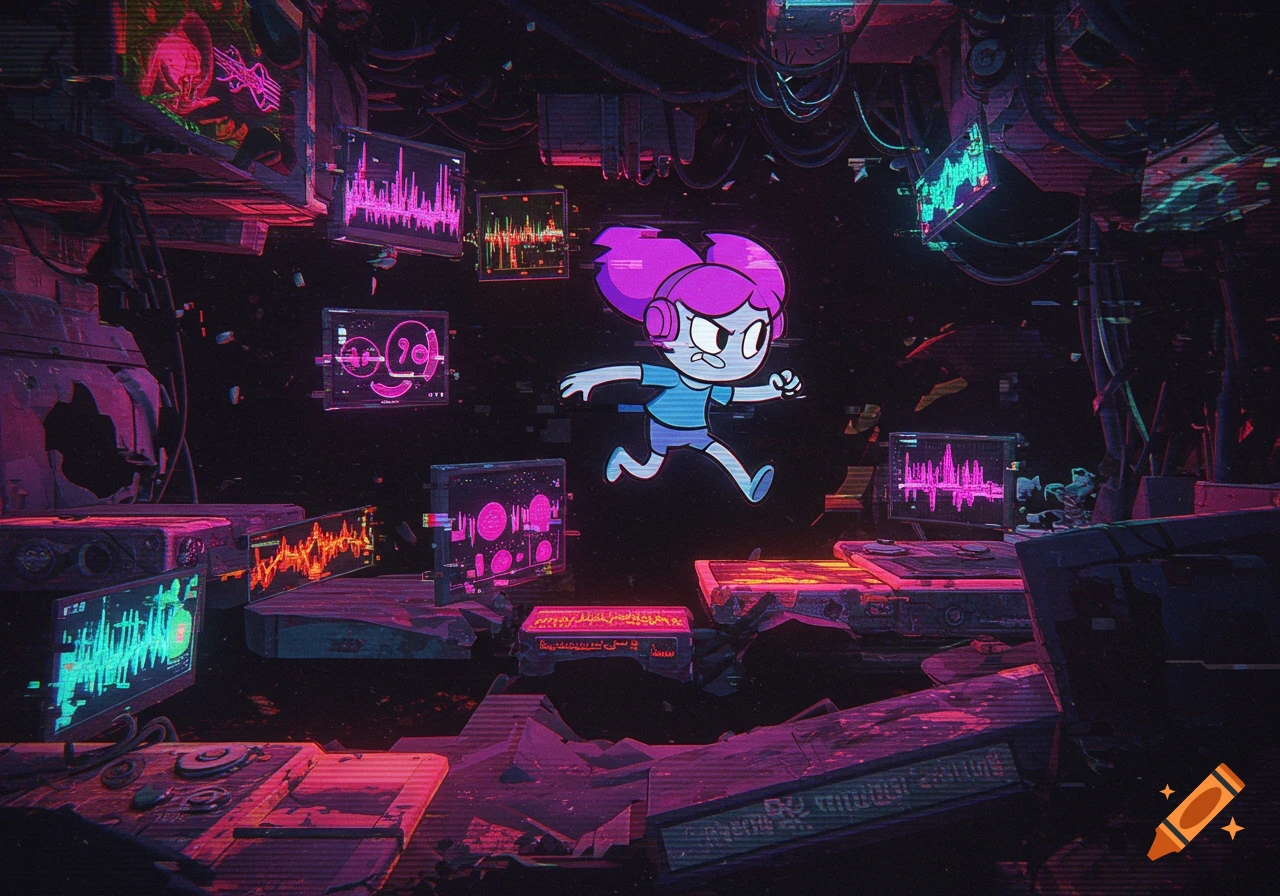 Cartoon character Pibby jumps through a dark, glitchy cyberpunk world with glowing neon screens and digital readouts.
