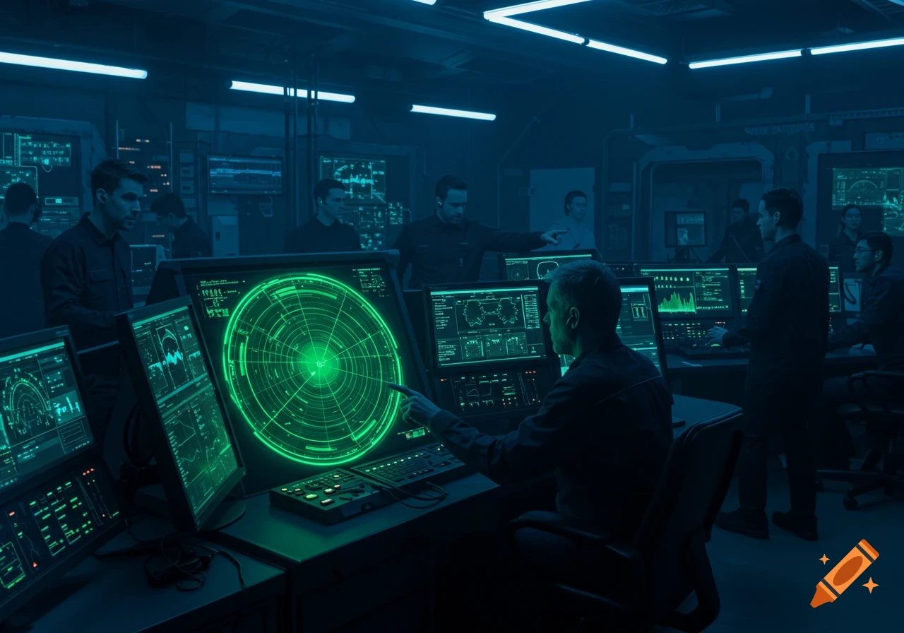 Men in a dimly lit, futuristic control room with glowing green radar and data screens.