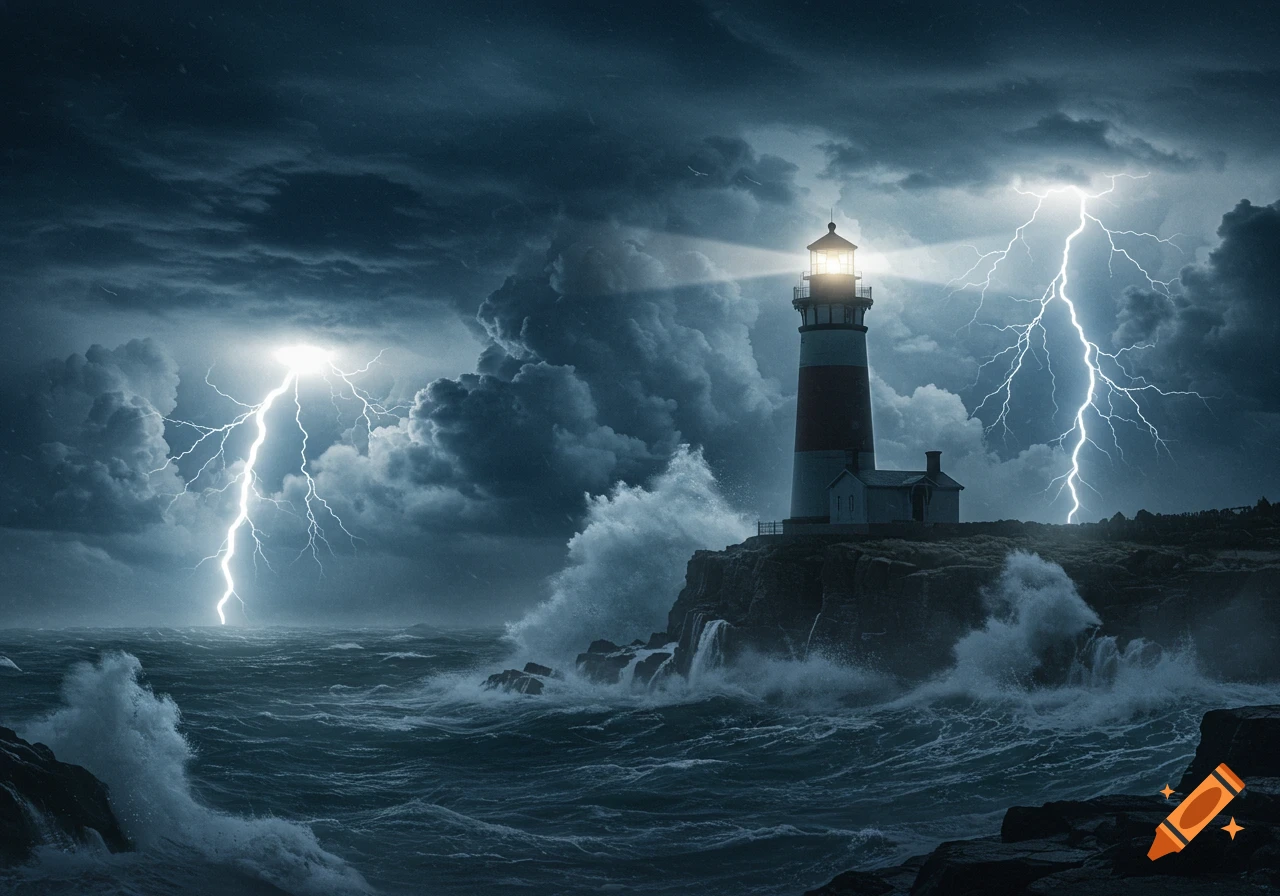 A photorealistic image of a lighthouse on a rocky cliff amidst a fierce thunderstorm with lightning striking the stormy sea.