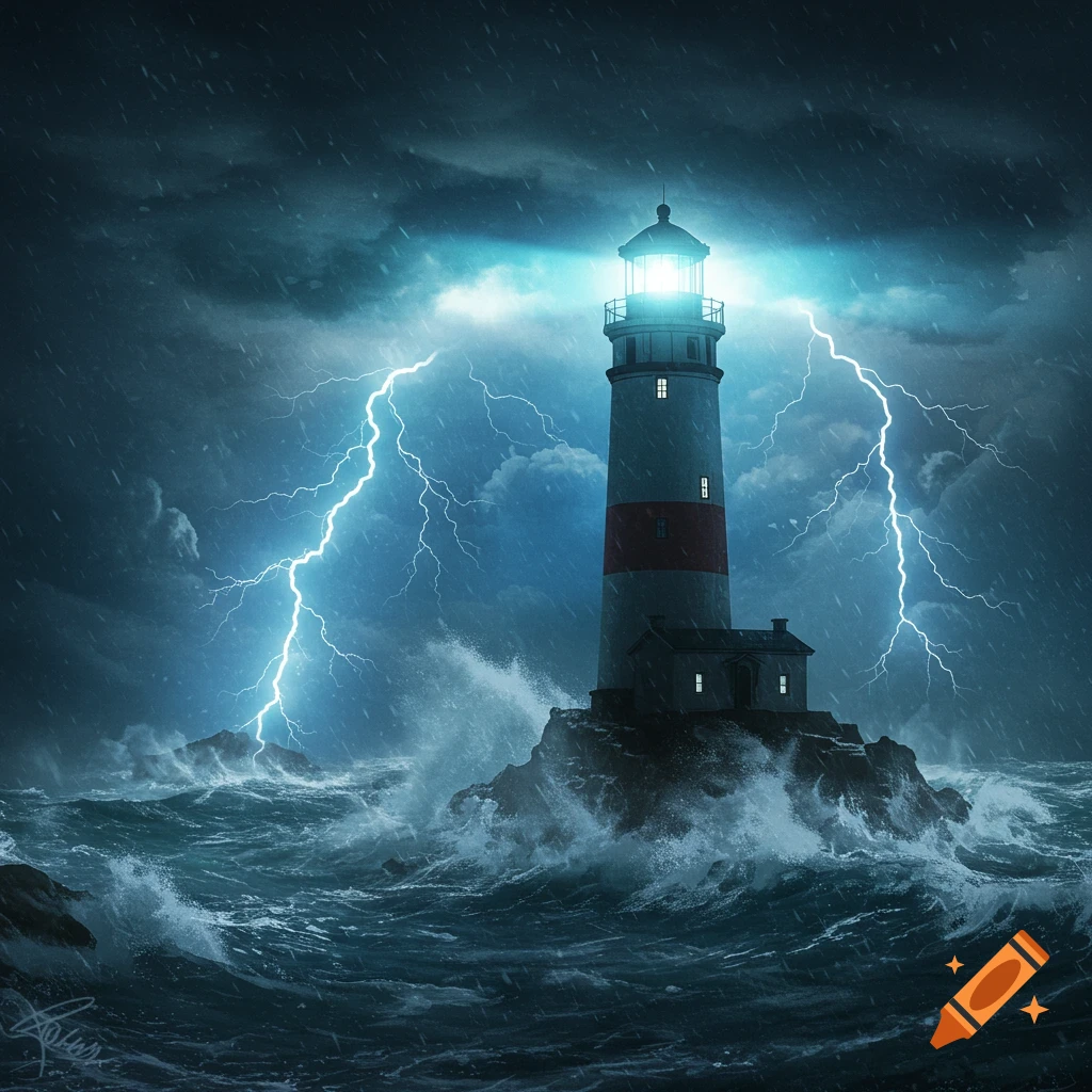 A tall lighthouse on a rocky island in a raging stormy sea with crashing waves, heavy rain, and bright lightning.