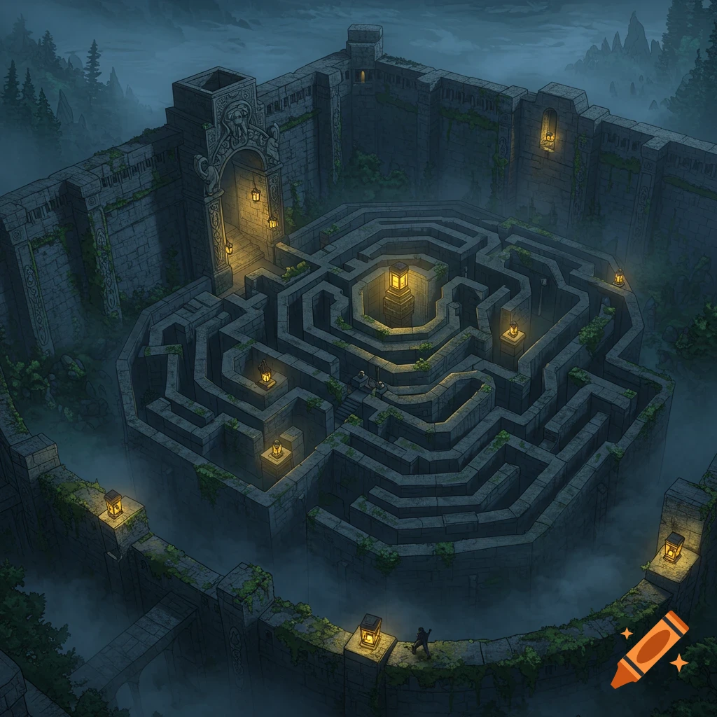An aerial view of a dark, ancient stone maze surrounded by high walls, lit by glowing lanterns and shrouded in mist.