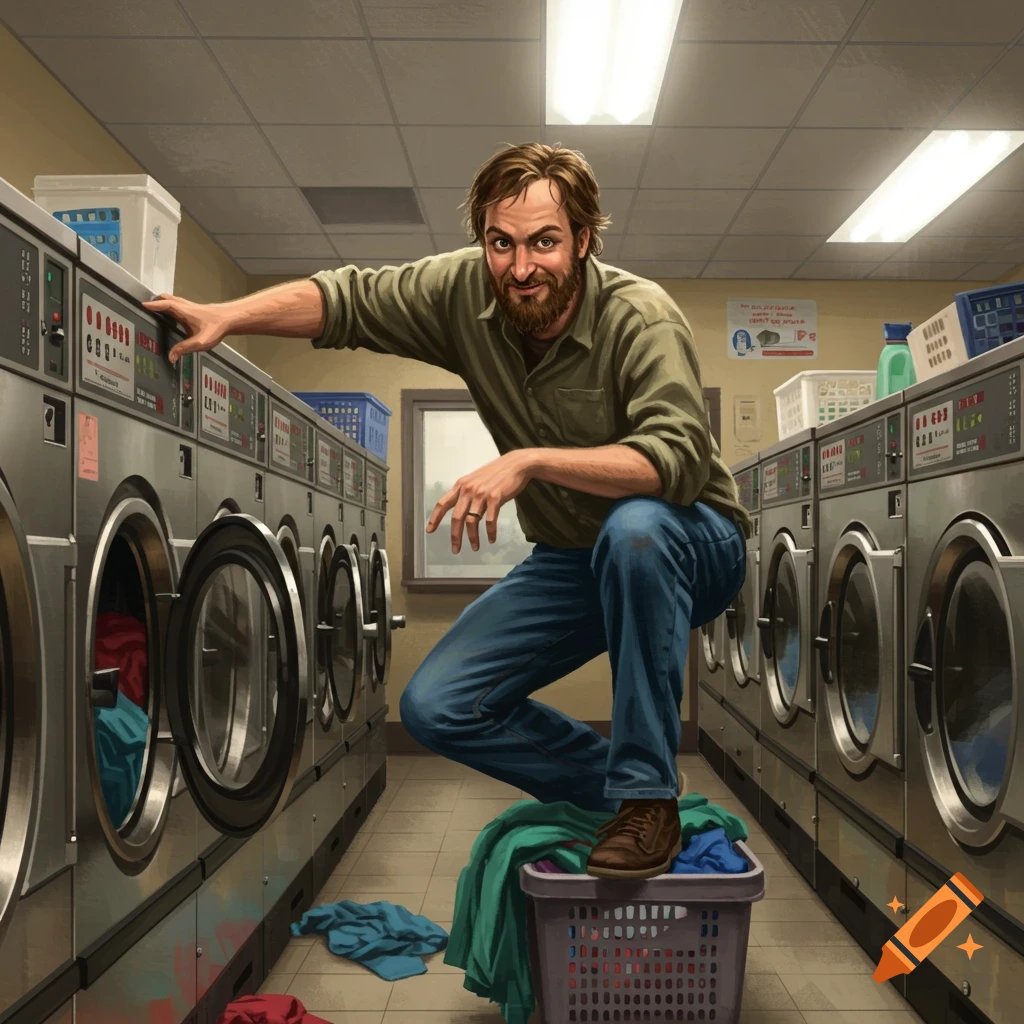 A bearded man in a laundromat crouches next to washing machines with laundry, looking directly at the viewer.