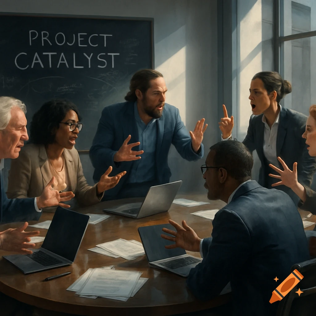 Diverse professionals intensely debate around a round conference table in a modern boardroom with laptops and a blackboard reading 'PROJECT CATALYST'.