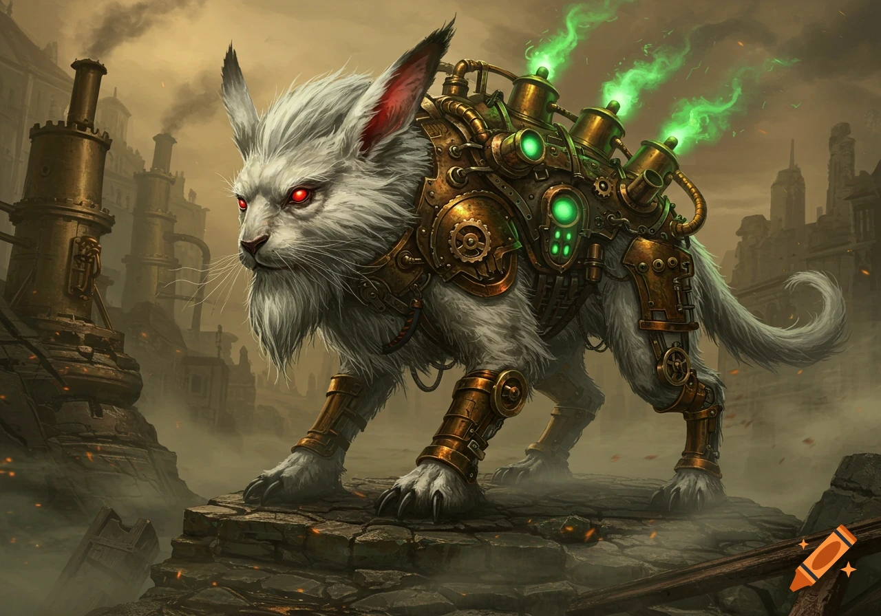 White-furred, bearded harengon with red eyes, wearing intricate steampunk armor, emitting green steam, standing in a smoky, industrial steampunk city.