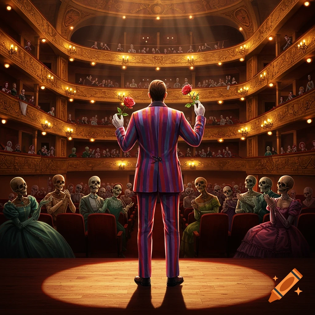 A man in a striped suit holding two red roses on stage, facing an audience of clapping skeletons in a grand theater.