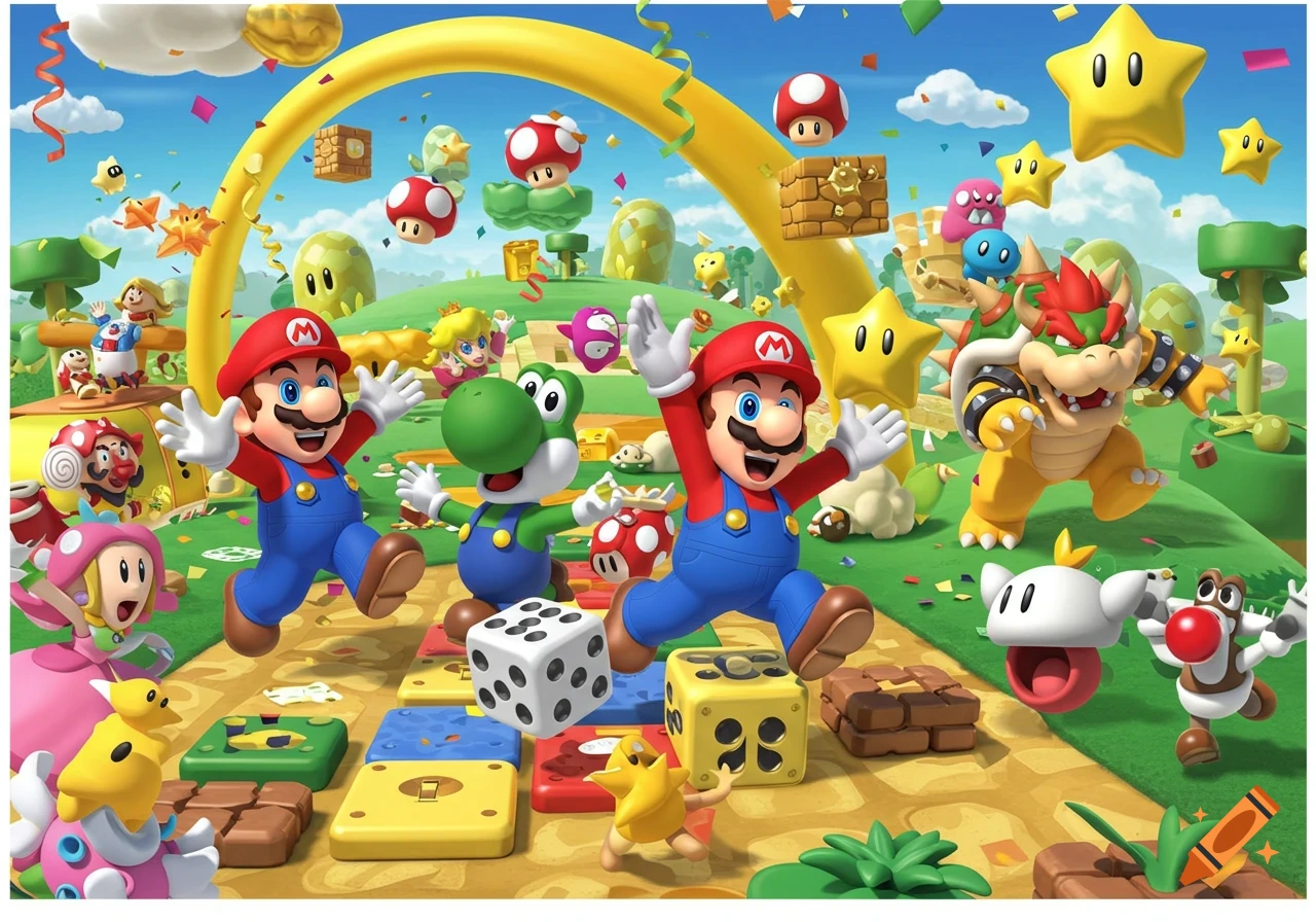 Mario, Yoshi, and other Nintendo characters play on a vibrant Mario Party board with dice and stars.