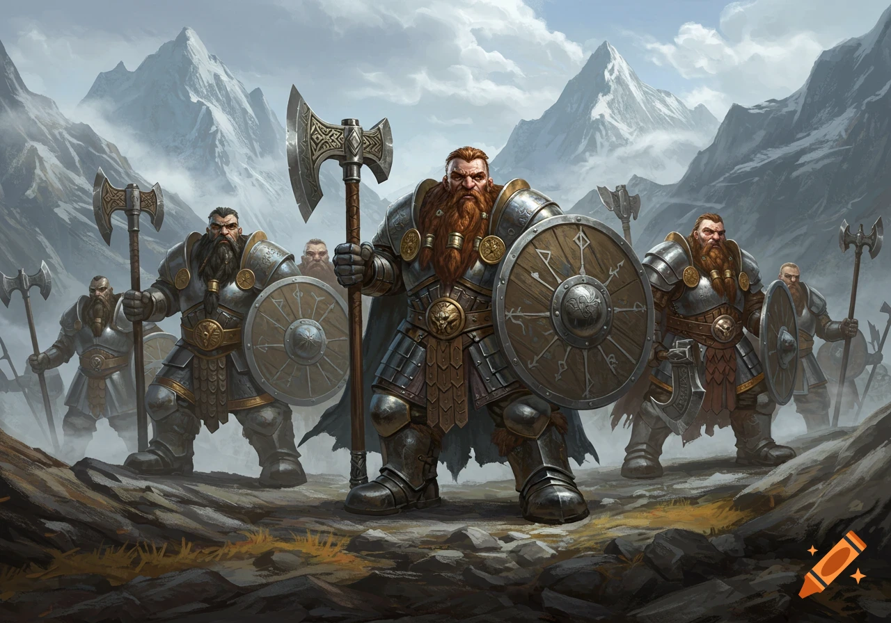 A regiment of bearded dwarven warriors in armor, holding axes and shields, stand on rocky terrain with snowy mountains in the background.