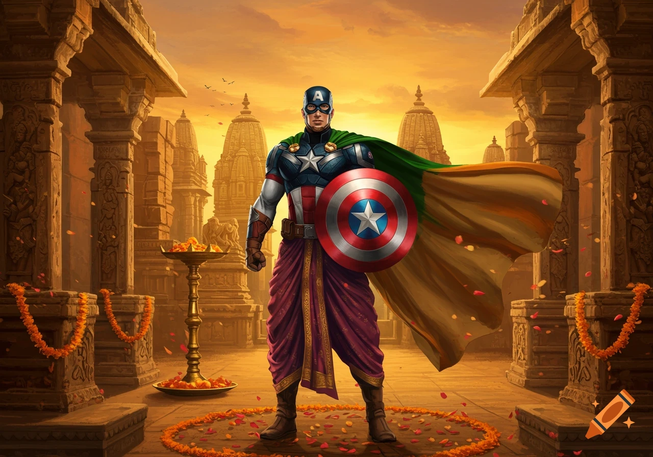 Captain America in traditional Indian attire (dhoti, green and orange cape) standing in front of a Hindu temple at sunset, holding his shield.