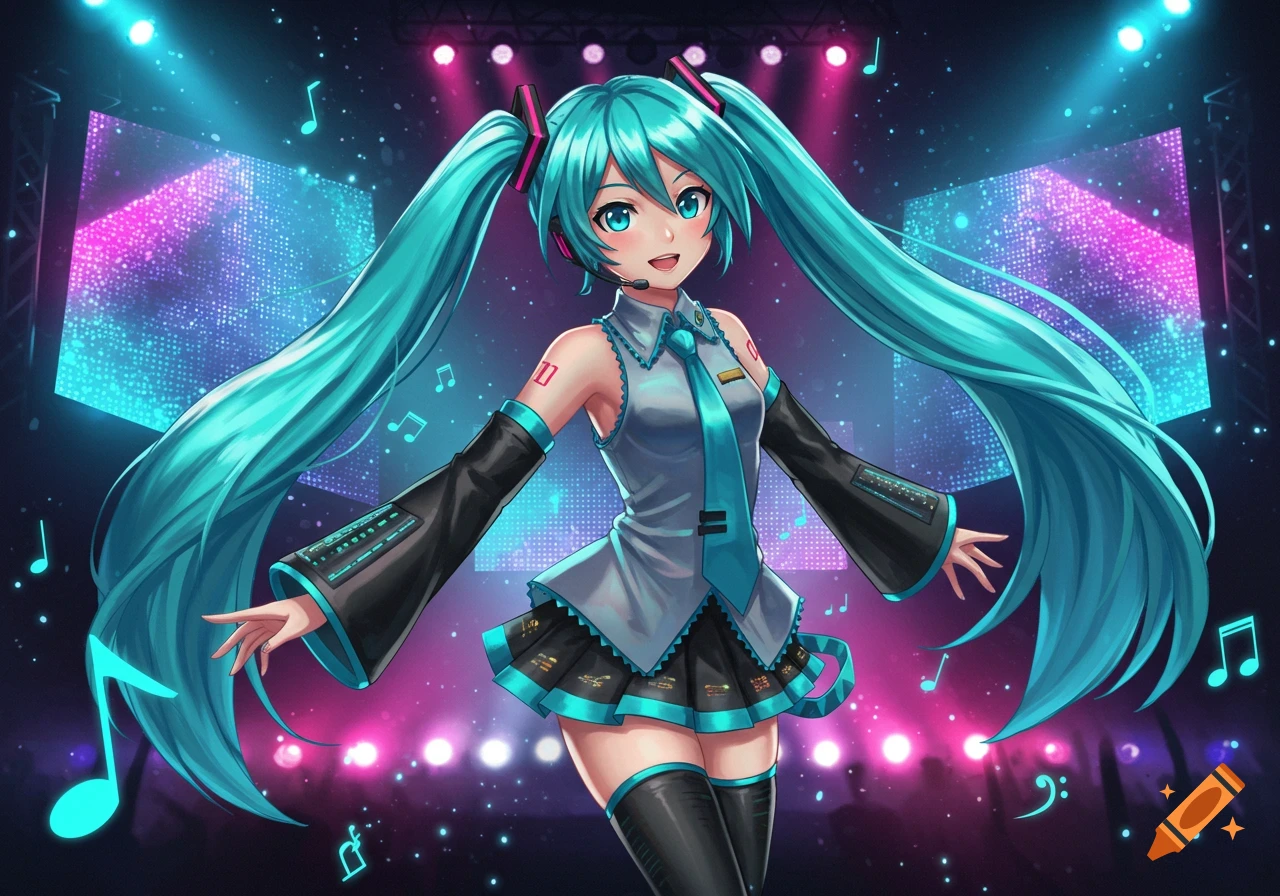 Hatsune Miku, a teal-haired anime girl, performs on a vibrant stage with glowing blue and pink screens and floating musical notes.