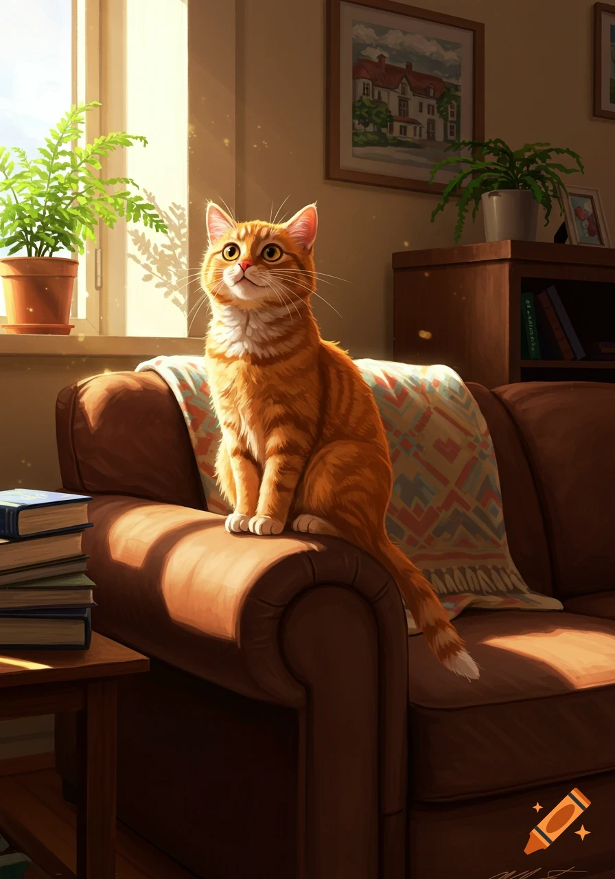 An orange tabby cat sits on a brown couch in a sunlit living room next to a window with plants, digital art.