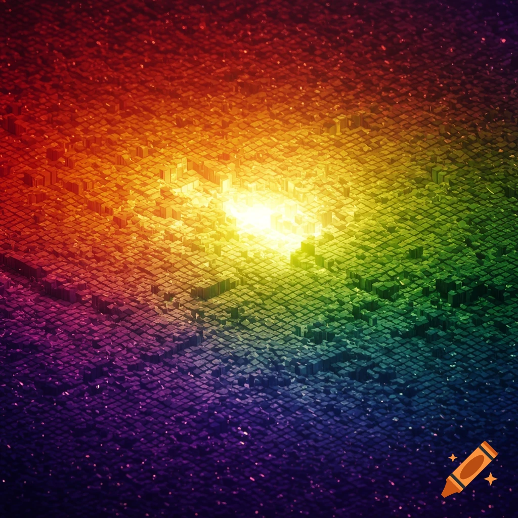 Abstract digital art of a grid of varying height cubes in a rainbow gradient, with a bright yellow light emanating from the center.