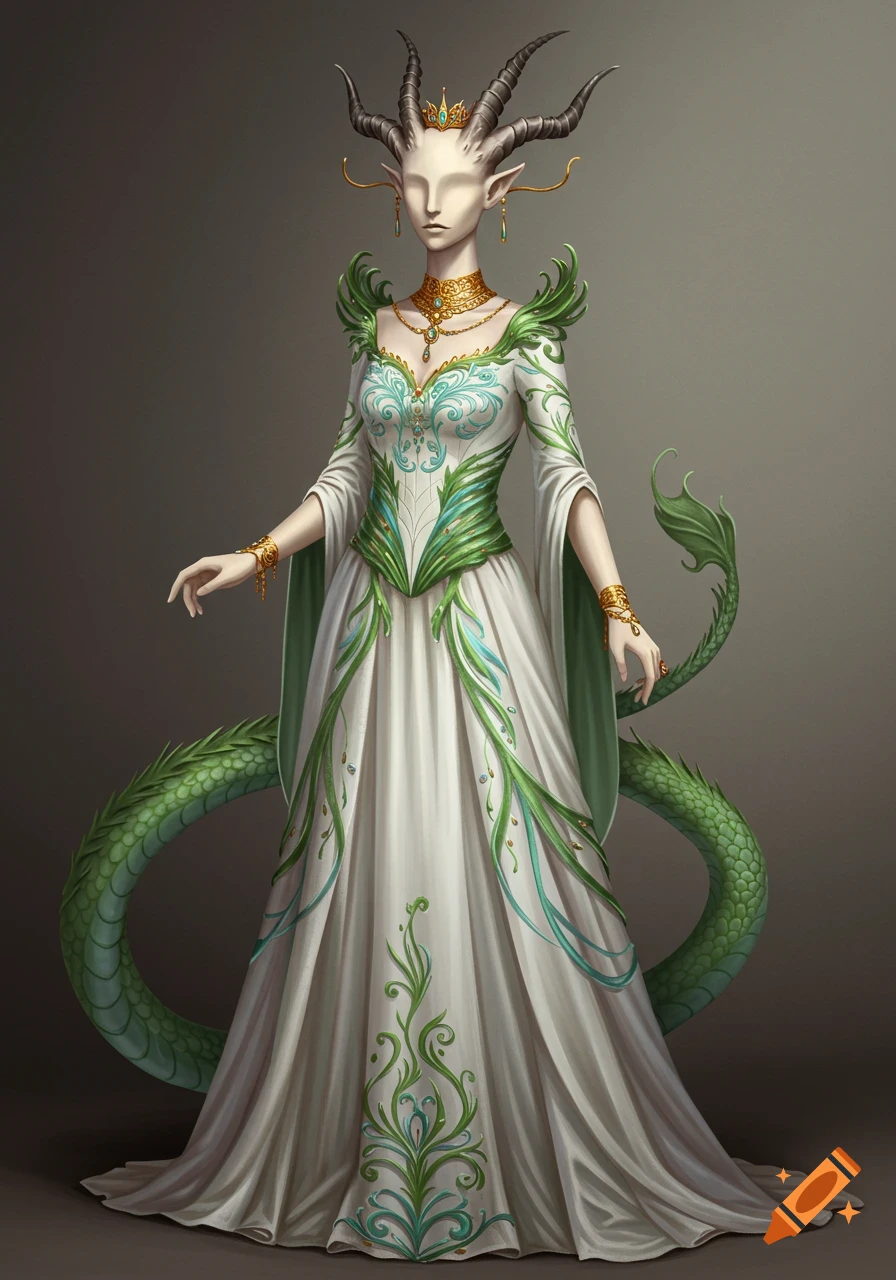 Detailed fantasy illustration of a creature with horns, a green dragon tail, and a blank face, wearing an elegant white and green gown.