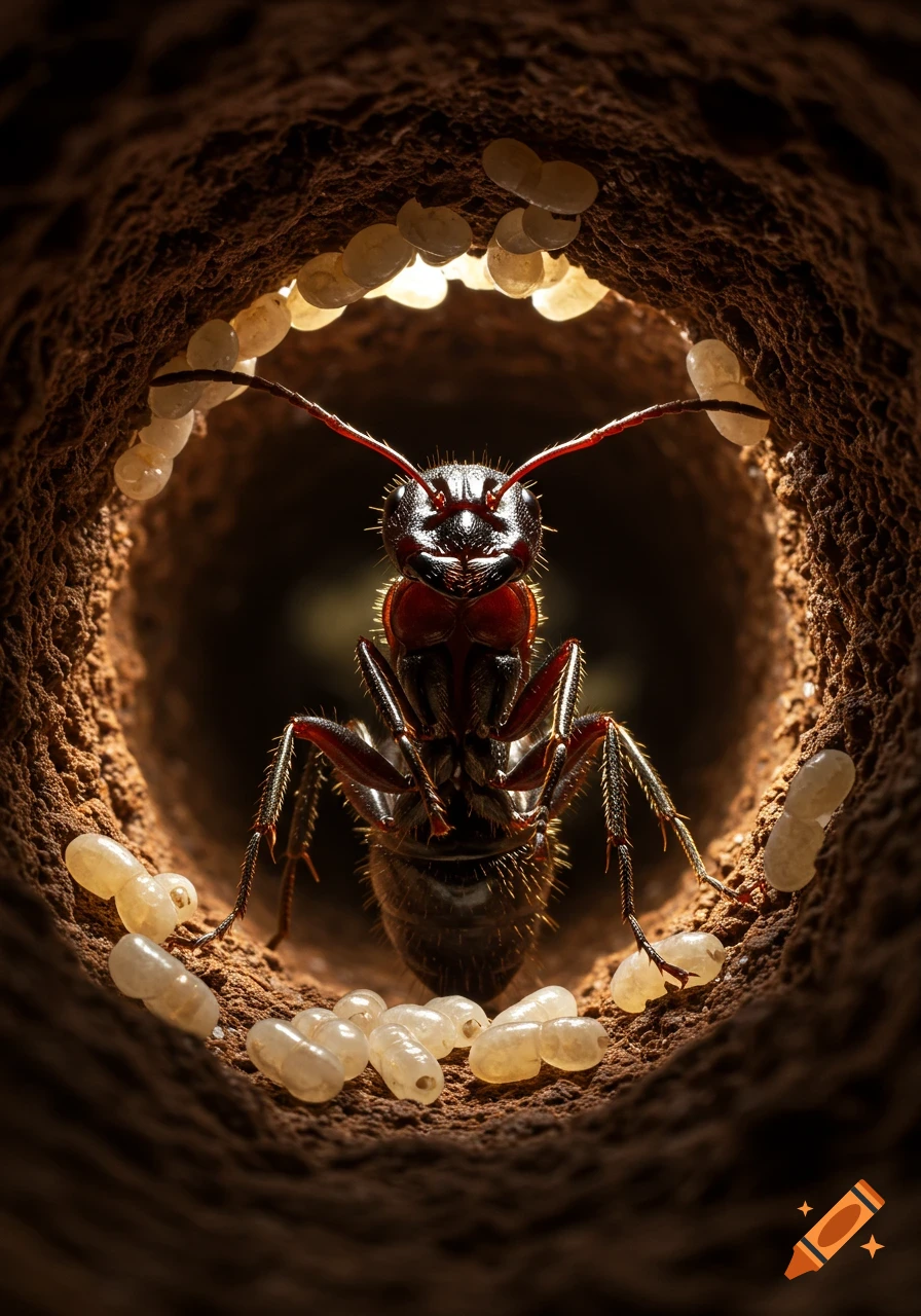 Close-up, photorealistic view of a red and black ant queen surrounded by white eggs inside a dark, textured underground nest chamber.