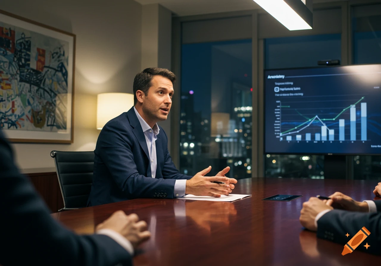 A man in a suit speaks at a large conference table in a modern office, with a screen displaying charts in the background.