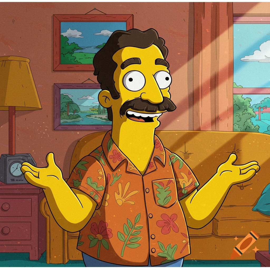 A cartoon man with yellow skin and a mustache, in The Simpsons style, wearing an orange floral shirt in a sunlit living room.