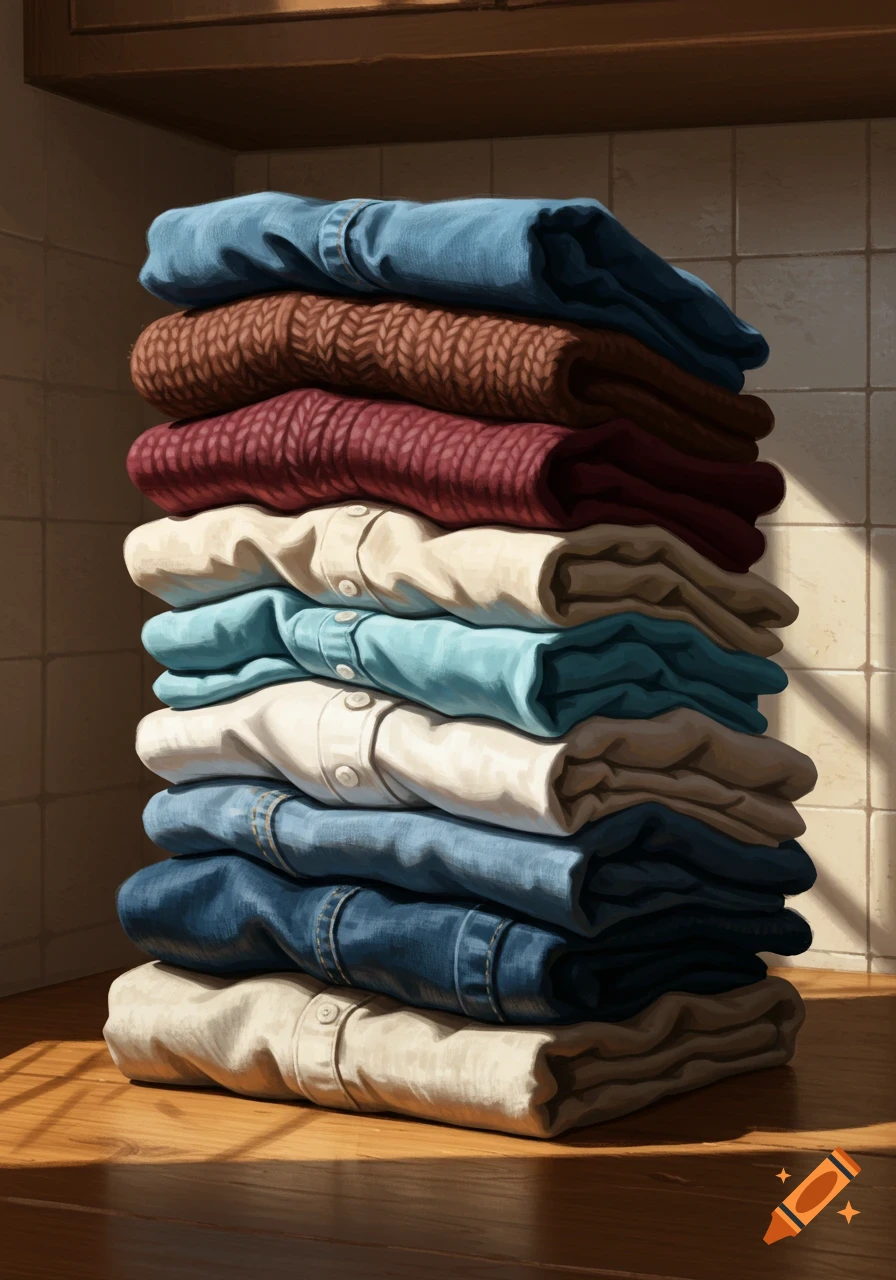 A tall, neatly folded stack of clothes in various colors on a wooden surface under warm light.