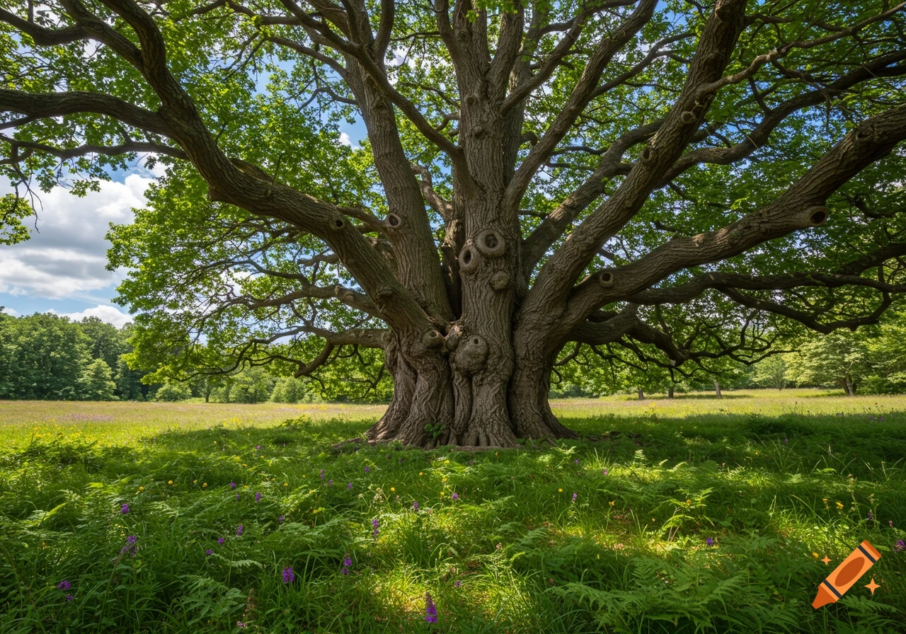 A massive, ancient oak tree with thick branches and green leaves stands in a sunlit meadow with ferns and wildflowers, under a blue sky.