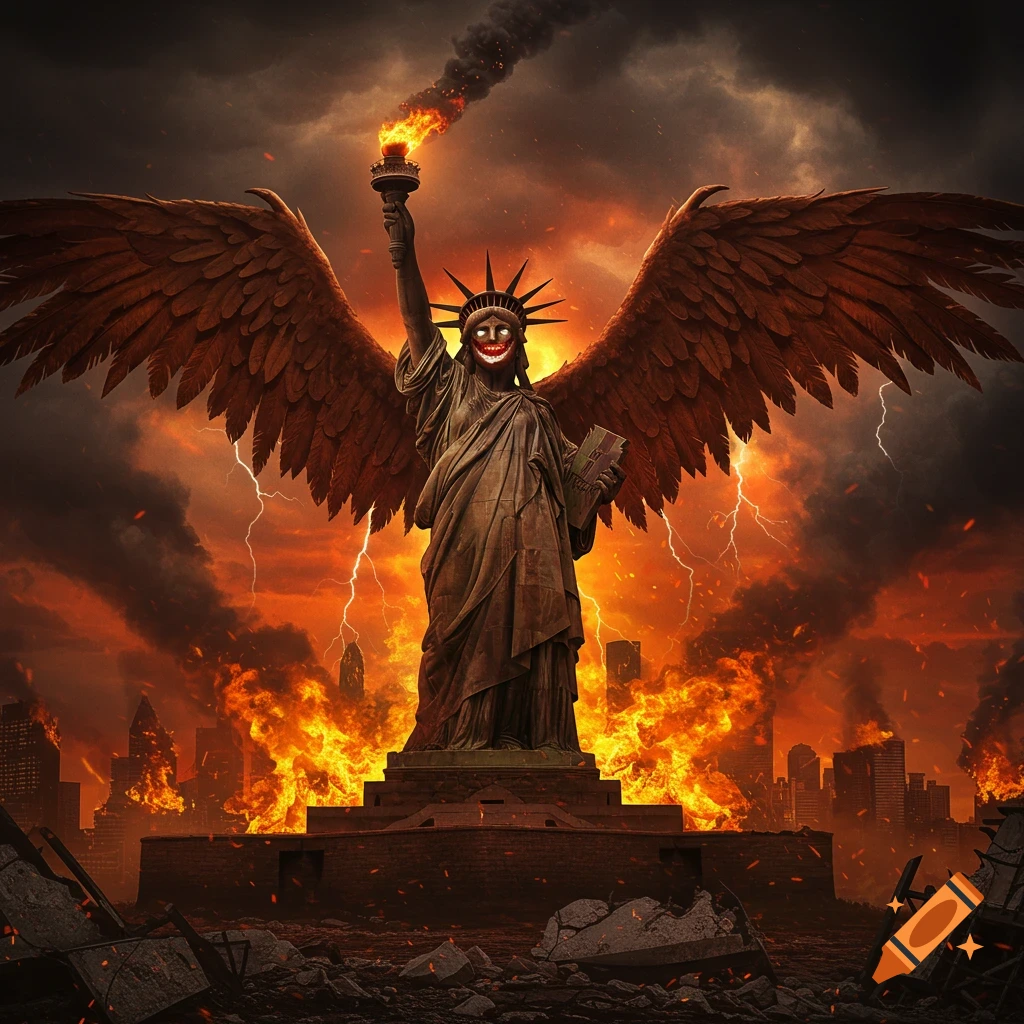 An evil, winged Statue of Liberty with a monstrous grin and glowing eyes stands in a burning, destroyed city.