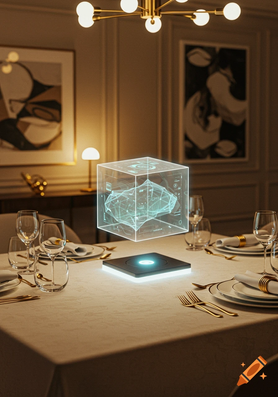 A futuristic holographic cube display floats over a lavishly set dining table in a dimly lit, elegant room.
