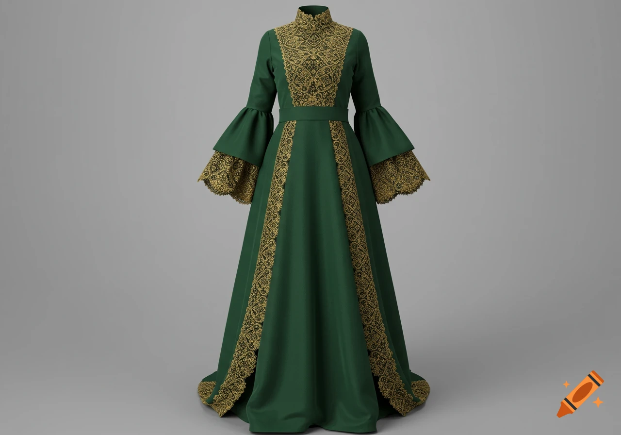 A dark green, floor-length Victorian-style dress with a high collar, bell sleeves, and intricate gold embroidery.