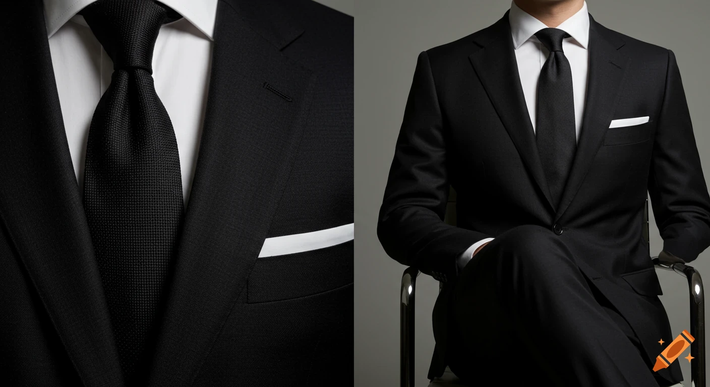 Photorealistic two-panel image of a man wearing a black suit, white shirt, and black tie; one panel is a close-up of the suit, the other shows him seated.