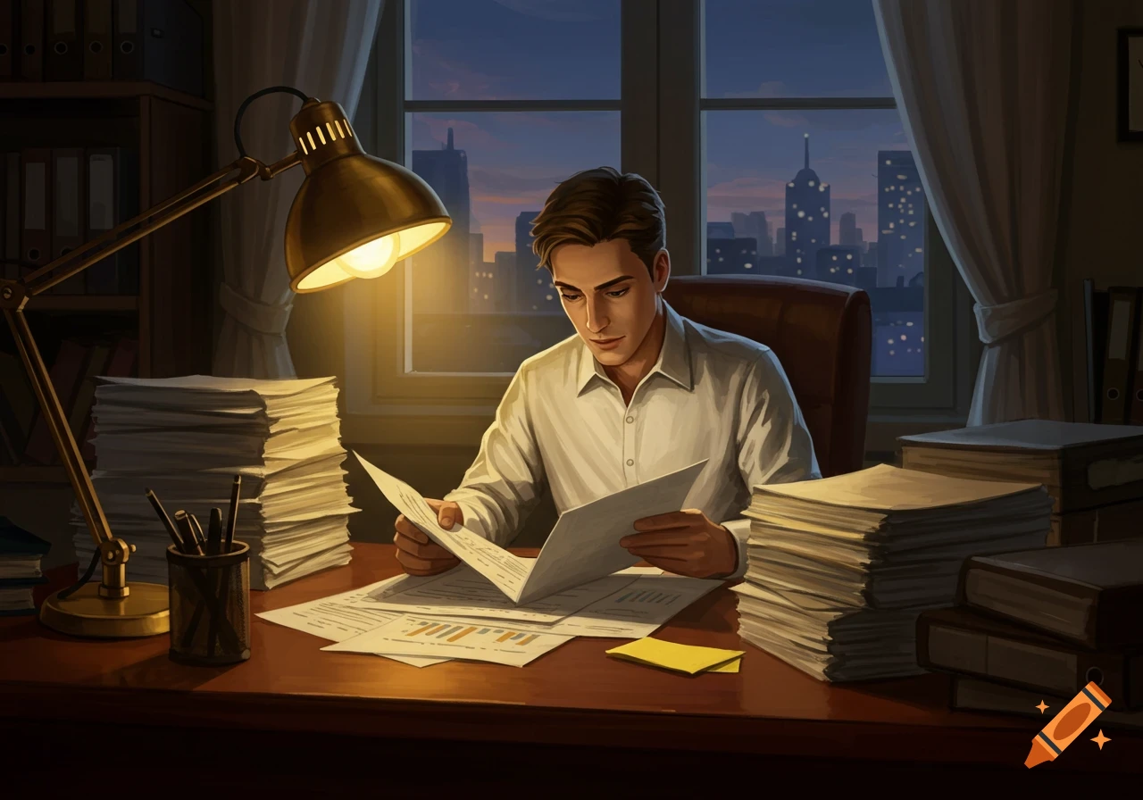 An illustrated man in a white shirt sits at a desk piled with papers, reading documents under a desk lamp, with a city skyline outside a window.