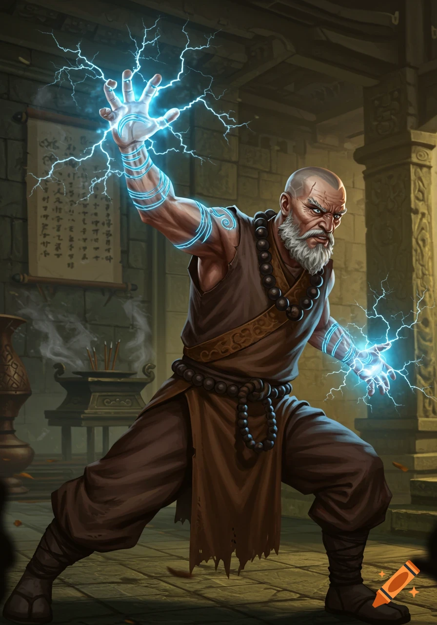 A powerful bald monk with a white beard and prayer beads casts lightning from his hands in a stone temple.