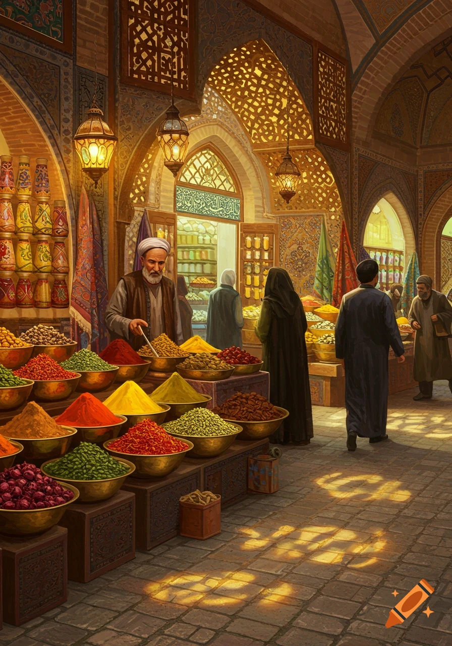 A vibrant market scene with a vendor selling colorful spices in brass bowls under arched, patterned ceilings and warm lantern light.