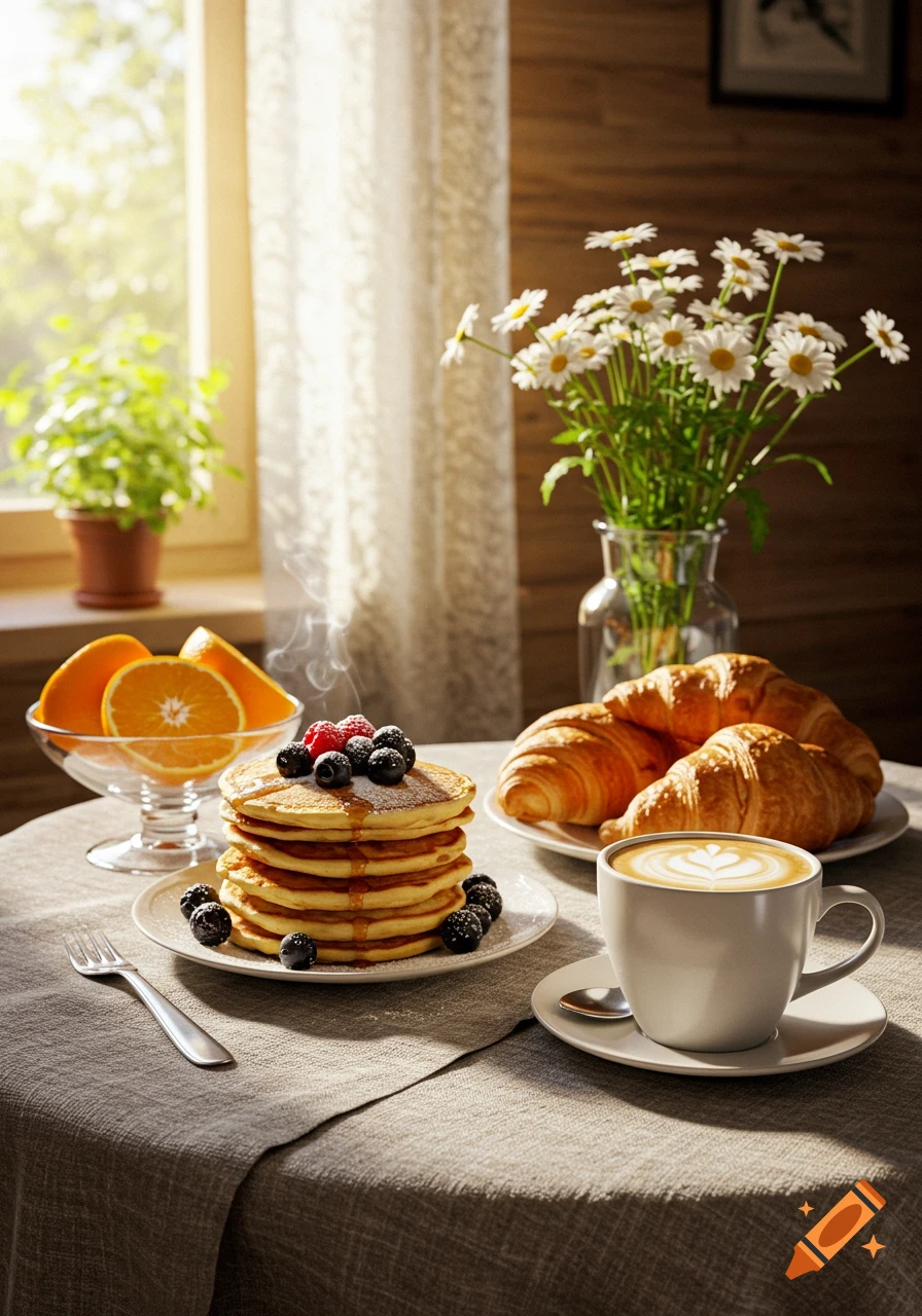 Photorealistic breakfast spread with pancakes, berries, syrup, croissants, latte, and oranges on a table by a sunlit window with daisies.