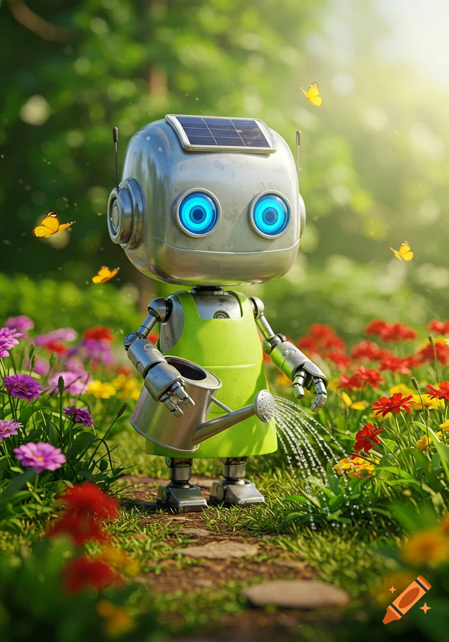 A cute silver robot with a solar panel on its head and blue eyes wears a green apron, watering colorful flowers in a sunny garden.