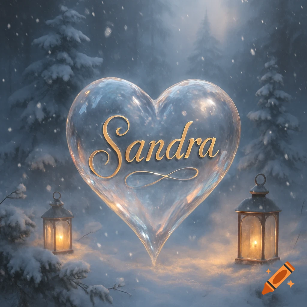 A sparkling glass heart with 'Sandra' in gold, set in a snowy forest with lanterns.