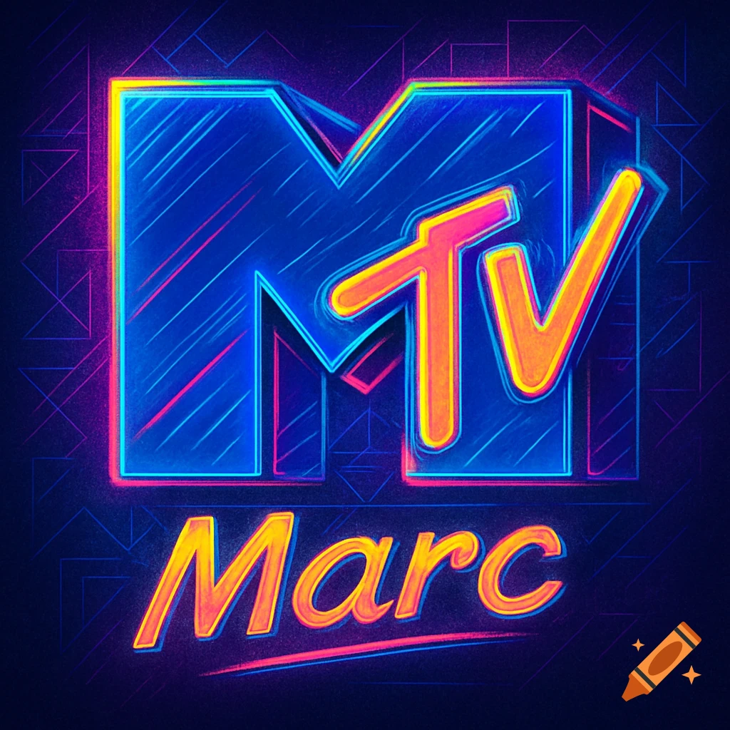 80s retro-style logo with blue neon-outlined 'M' and orange 'TV' above the orange neon-outlined name 'Marc'.