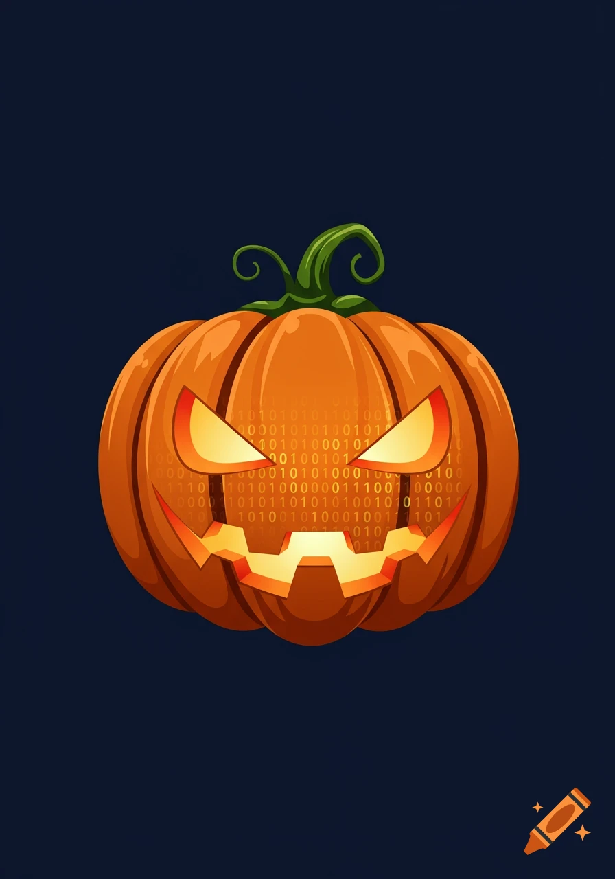 An illustrative glowing jack-o'-lantern with binary code visible in its carved eyes, nose, and mouth, set against a dark blue background.