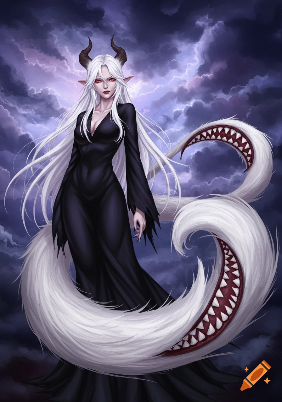 Anime illustration of a tall demon woman with horns, white hair, red eyes, a black dress, and a fluffy white tail with sharp teeth, against a stormy sky.