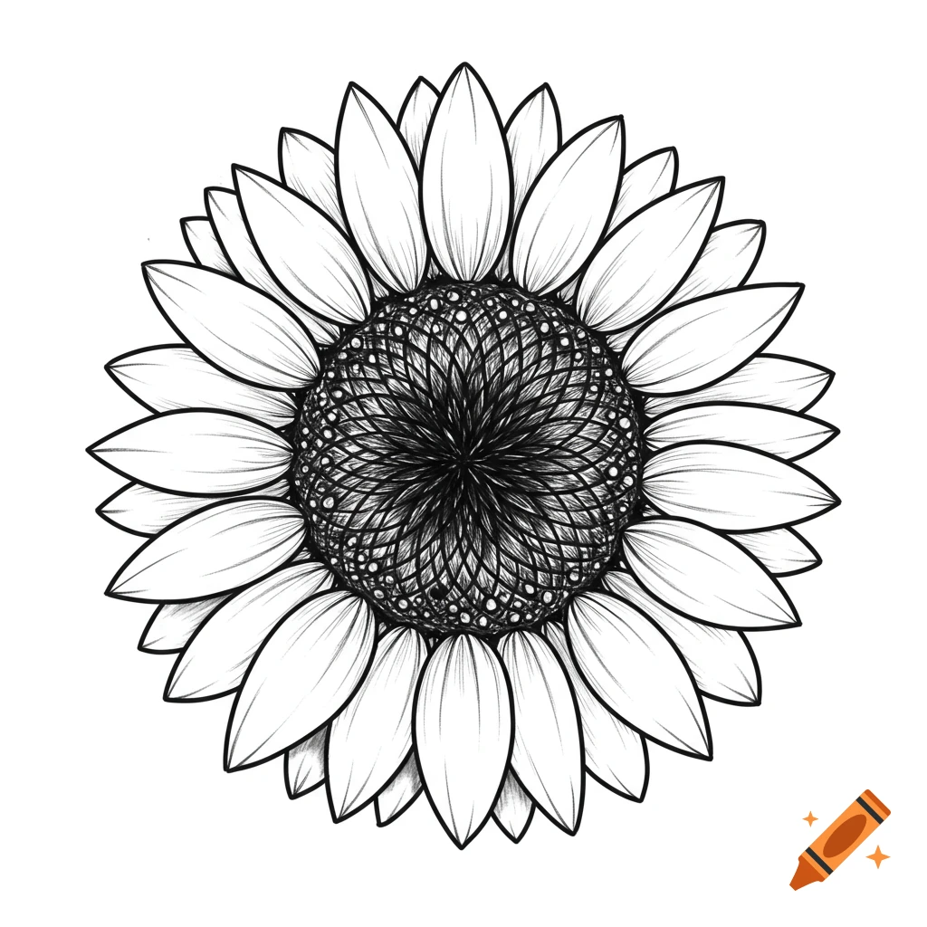 A detailed black and white line art sketch of a sunflower, resembling a ...