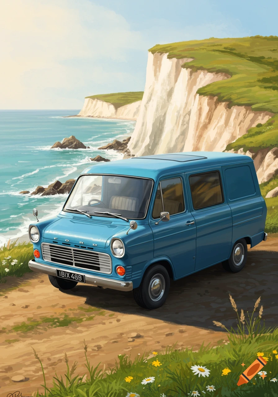 An illustration of a blue Ford Transit van parked on a dirt path next to white cliffs and a blue ocean.