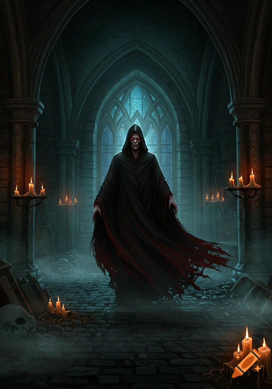 A cloaked vampire with glowing red eyes stands in a dark gothic church, surrounded by candles and skulls.