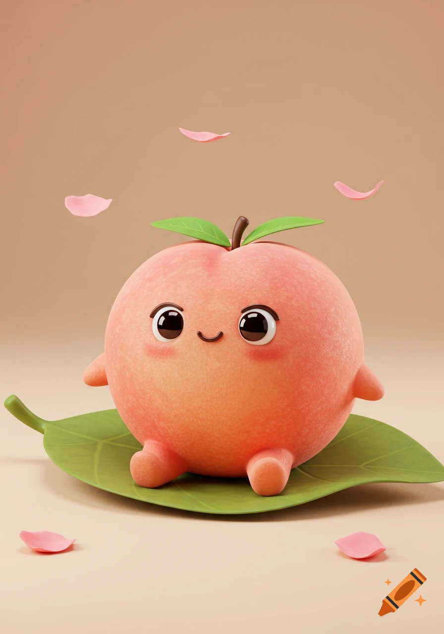 A cute 3D peach character with a smiling face sits on a green leaf, with pink petals floating.