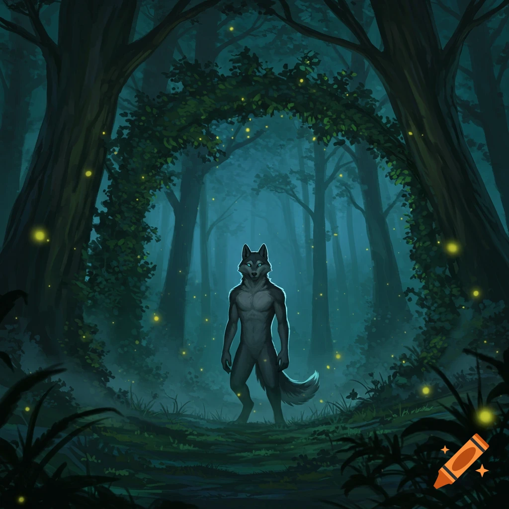 Anthro wolf with glowing blue eyes stands in a dark, misty forest with fireflies, digital painting.