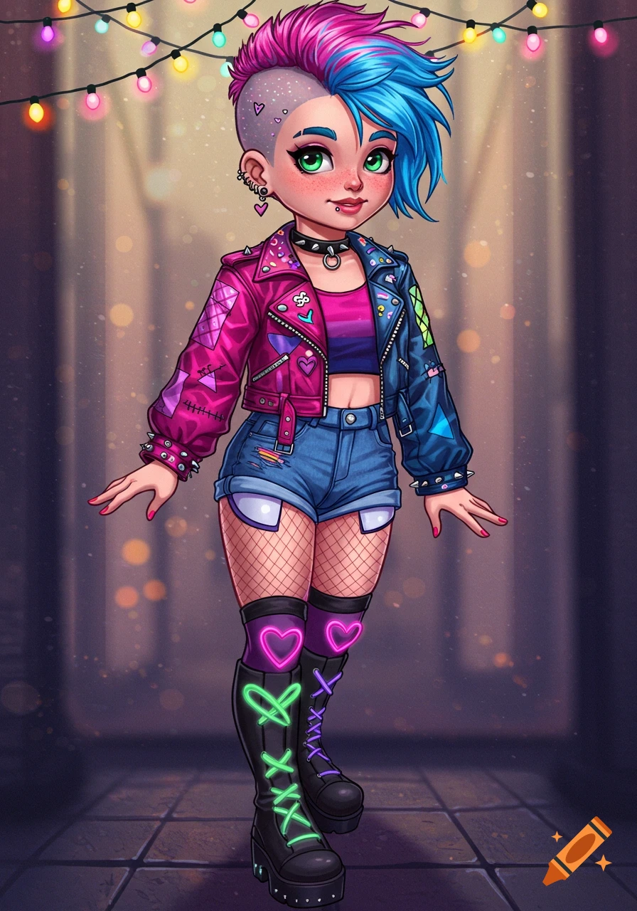 A cartoon punk girl with pink and blue mohawk, studded jacket, denim shorts, fishnets, and neon-laced boots under string lights.