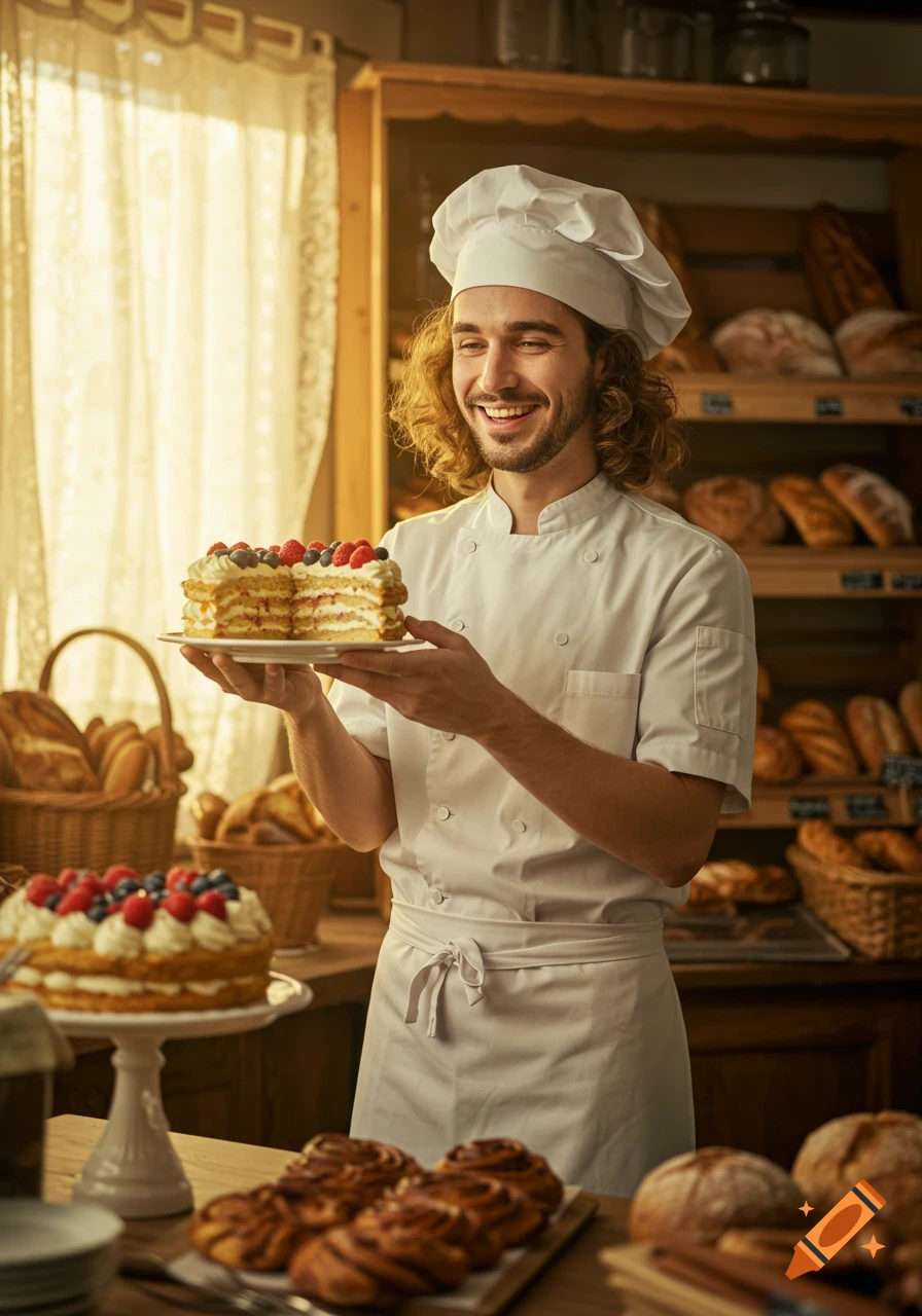 Smiling baker in a white chef's hat and uniform holding a berry cake, in a rustic bakery with bread and pastries.