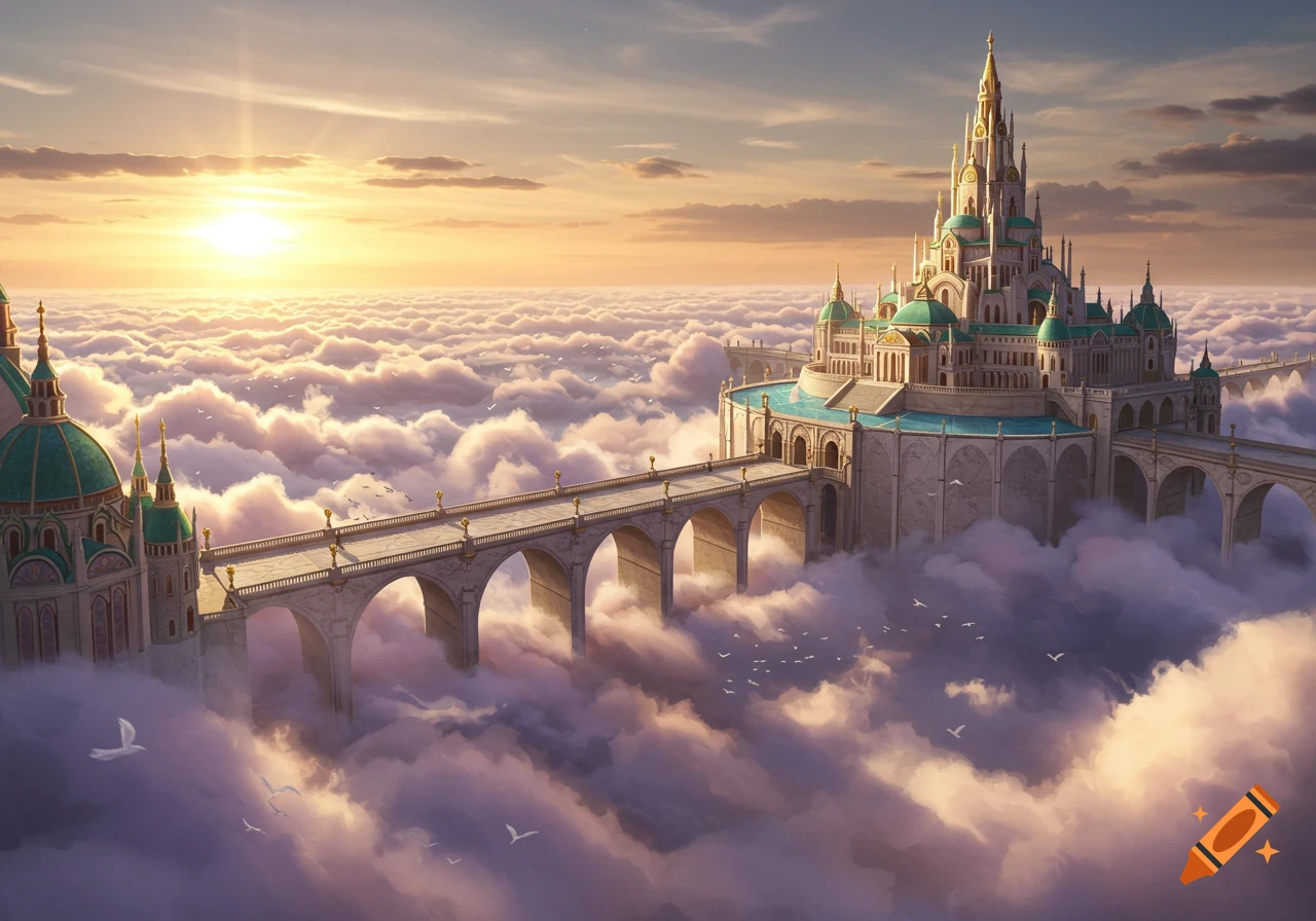 A majestic fantasy castle with arched bridges rises from a sea of clouds at sunset, with birds flying.