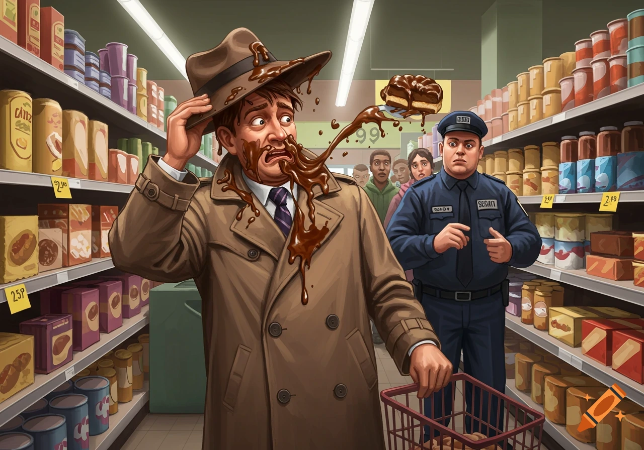 A man in a trench coat and hat, covered in melted chocolate, looks startled while a security guard points at him in a supermarket aisle. Other shoppers watch in the background.