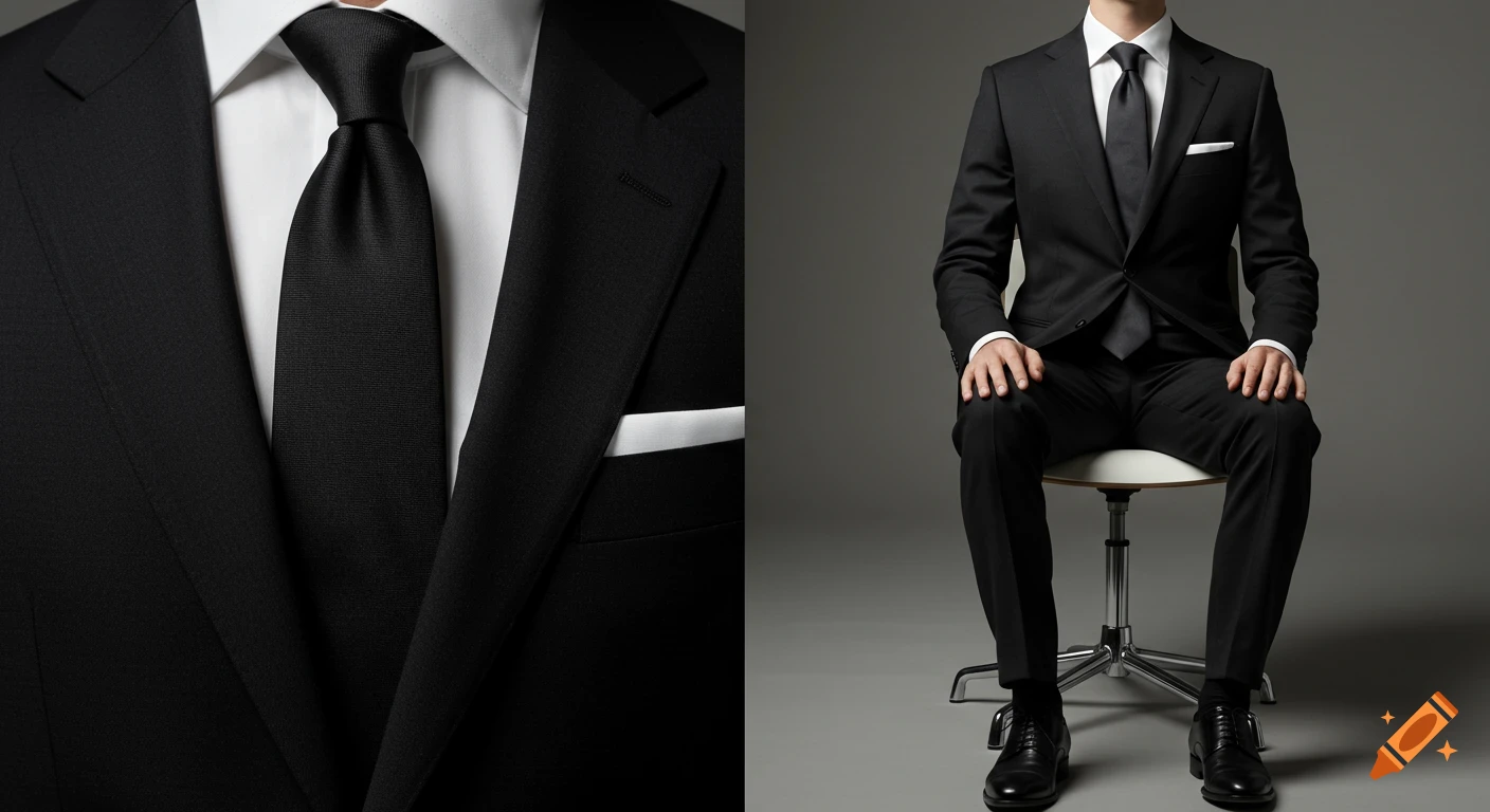 Photorealistic two-panel image. Left, close-up of a black suit, white shirt, and black tie. Right, a man in a black suit seated on a chair in a studio.