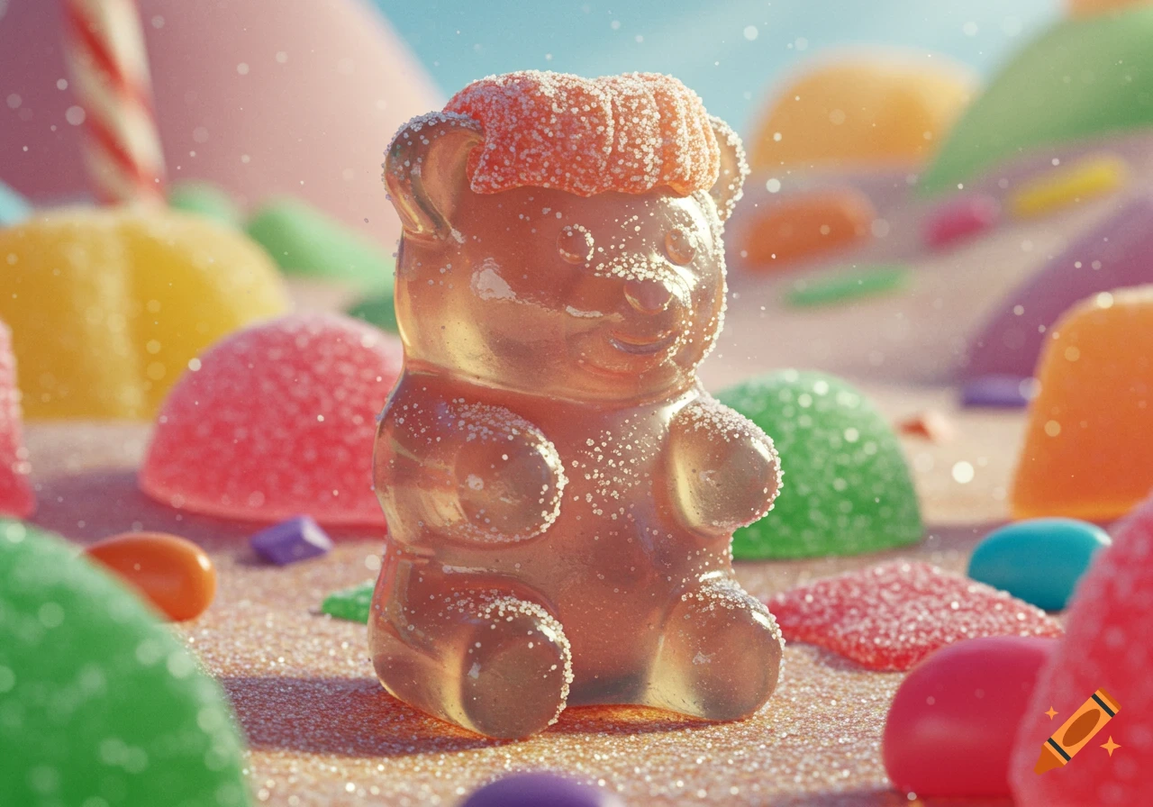 A close-up of a sugar-dusted gummy bear with a sugared 'hairdo' in a vibrant, photorealistic candy landscape.